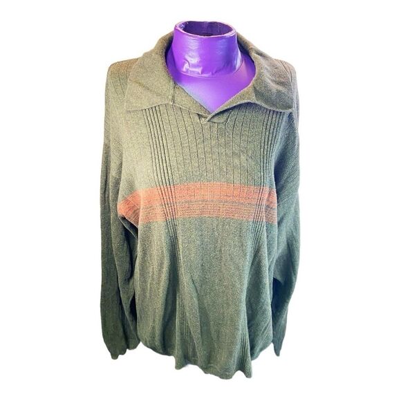 J.Ferrar men’s green orange stripe ribbed pullover collared cotton sweater L - Picture 1 of 8
